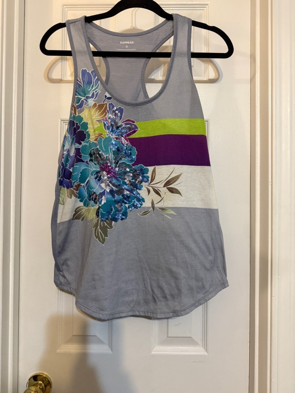 Express Gray Racerback Tank with Teal Floral and Purple Stripe